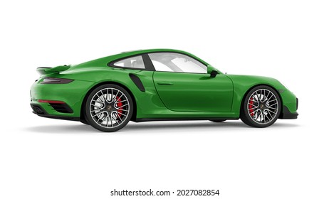 Tula, Russia. March 25, 2021: Porsche 911 Turbo S 2016 green sports car coupe isolated on white background. 3d rendering
