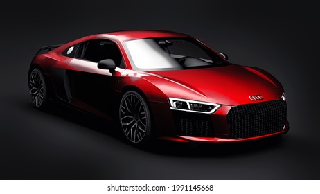 Tula, Russia. May 11, 2021: Audi R8 V10 Quattro 2016 red luxury stylish super sport car on black background. 3d rendering