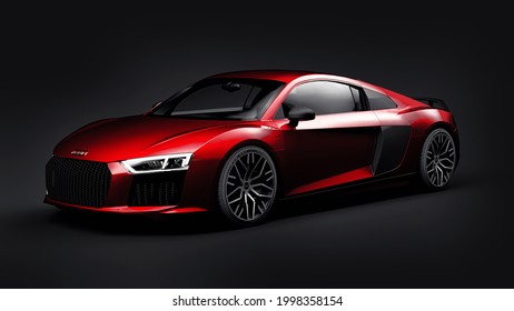 Tula, Russia. May 11, 2021: Audi R8 V10 Quattro 2016 red luxury stylish super sport car on black background. 3d rendering.