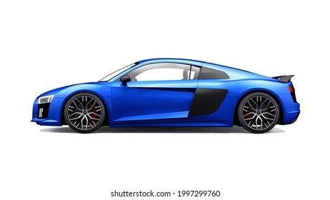 Tula, Russia. May 12, 2021: Audi R8 V10 Quattro 2016 blue luxury stylish super sport car isolated on white background. 3d rendering