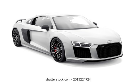 Tula, Russia. May 12, 2021: Audi R8 V10 Quattro 2016 white luxury stylish super sport car isolated on white background. 3d rendering