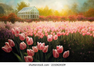 Tulip Farm With Farm House 3d Illustrated 