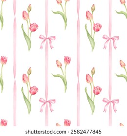Tulips and a bow - seamless pattern. Spring girly pattern for fabric or wallpaper or holiday packaging. Watercolor illustration is hand drawn and isolated from the background