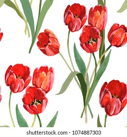 tulips red watercolor hand painting on white background seamless pattern for fabrics, paper