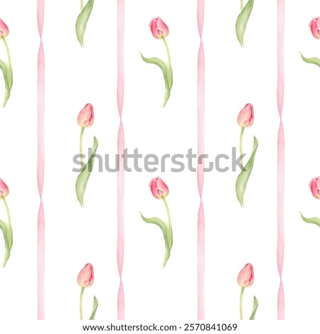 Tulips and satin ribbons - seamless pattern. Spring delicate pattern for fabric, wallpaper and holiday packaging. Watercolor illustration is hand drawn and isolated from the background