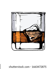 Tumbler Glass With Whiskey And Ice Cube. Hand Drawn Illustration Of Rocks In Vintage Engraved Style. Isolated On White Background.