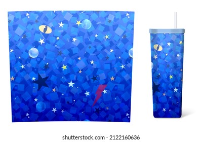 Tumblers wrap design with lightning bolts, crystal balls and yellow eyes with a vertical pupil and squares on a blue background.