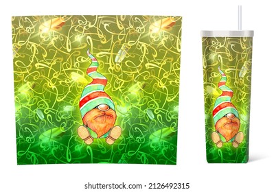 Tumblers Wrap Design With Watercolor St Patrick Gnome. St Patricks Day Sublimation With Golden Coins Texture. 20oz Tumblers Wrap