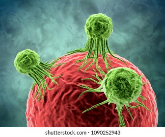 Tumor cancer cells attacking and growing on human cell 3d rendering. 