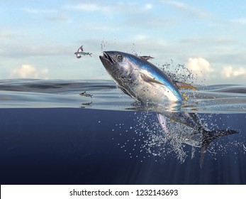 Tuna Fish Jumping Out Of Water Half Of It In Water, So Many Splashes And Action In Ocean 3d Render