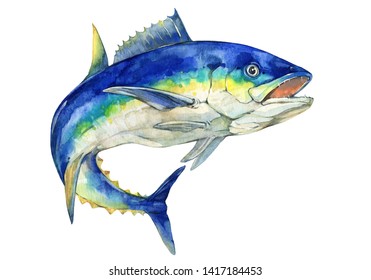 白いリアルなイラストにスペインのサバワフーの濃い青の大魚をセット 