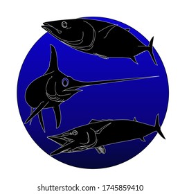 Tuna, Wahoo and Swordfish Silhouettes in Blue Circle