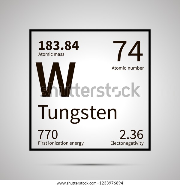 Tungsten chemical element with first ionization\
energy, atomic mass and electronegativity values ,simple black icon\
with shadow on\
gray