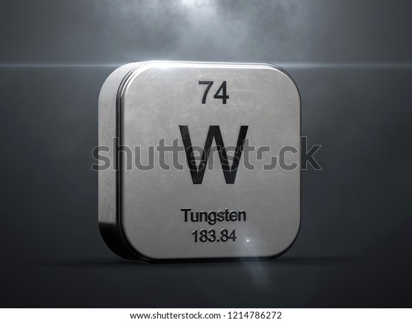 Tungsten element from the periodic table.\
Metallic icon 3D rendered with nice lens\
flare