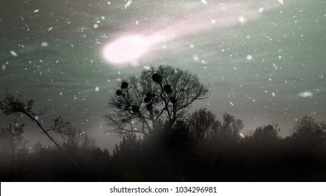 Tunguska Meteorite (Siberian Meteorite). Amazing And Terrible Comet. Comet Presaged Famine, War, Desolation. Elements Of This Image Furnished By NASA, Retro Photography