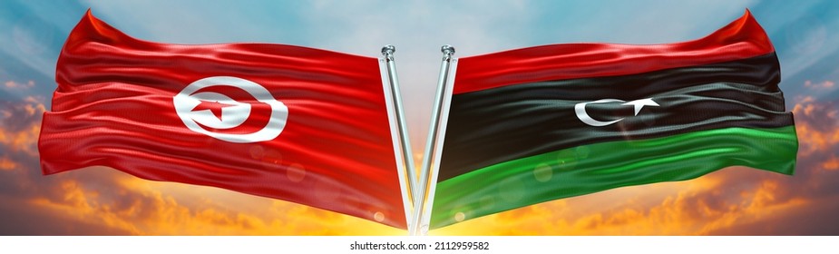 Tunisia Flag And Libya Flag Waving With Texture Sky Clouds And Sunset Double Flag - 3D Illustration - 3D Render  