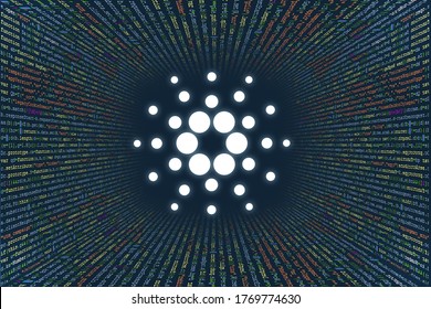 A Tunnel From A Computer Program Code. Programmer Strings Of Code, Javascript, CSS And PHP. Hacking Coding Concept. Source Code For Software.  Cardano (ADA) Cryptocurrency Symbol.