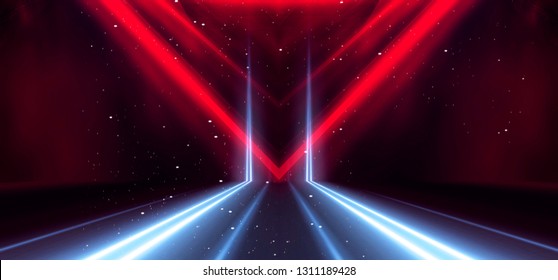 Tunnel neon light, underground passage. Abstract red background. Background black empty with neon light. Abstract background with lines and glow