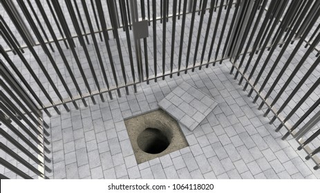 Tunnel In Prison Cell - Prison Break Attempt. 3D Rendering.