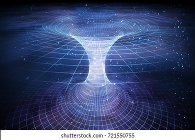 Tunnel or wormhole over curved spacetime. Travelling in space concept. 3D rendered illustration.