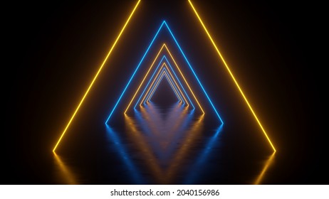 Tunnel with yellow-blue triangles with reflection on the floor - 3d rendering