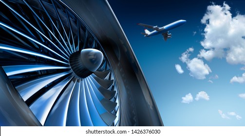 Turbine Of Airplane With Airplane And Cloud Sky - 3d Illustration