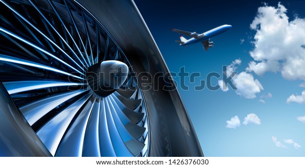 Turbine of airplane with airplane and cloud\
sky - 3d\
illustration