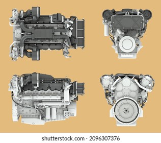 Turbo Diesel Engine On Four Sides. 3D Render