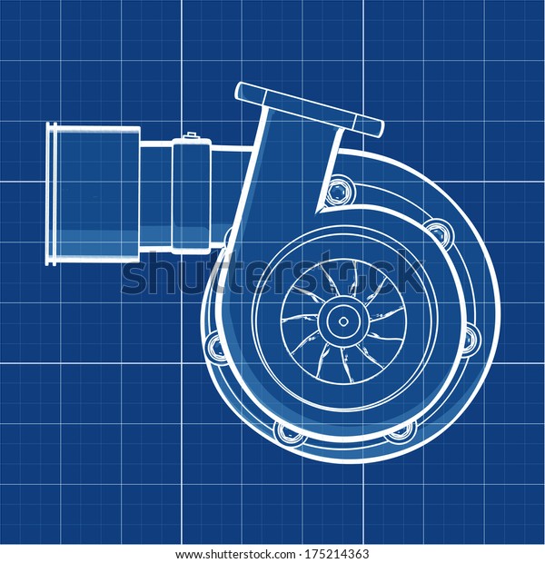 turbocharger. Cad cartoon white\
drawing on blue background illustration outline. High resolution 3D\
