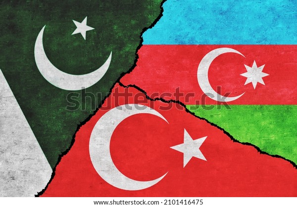 Turkey,\
Azerbaijan and Pakistan painted flags on a wall with a crack.\
Azerbaijan, Turkey and Pakistan\
relations