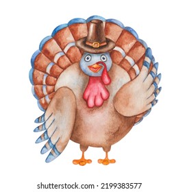 Turkey Bird In Pilgrim Brown Hat. Cartoon Animal Character. Traditional Thanksgiving Bird Icon. Watercolor Illustration, Hand Painted. Isolated Clip Art For Prints, Posters, Cards