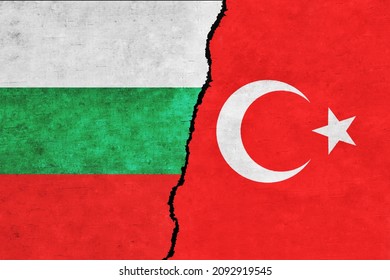 Turkey and Bulgaria painted flags on a wall with a crack. Bulgaria and Turkey relations. Bulgaria and Turkey flags together. Turkey vs Bulgaria
