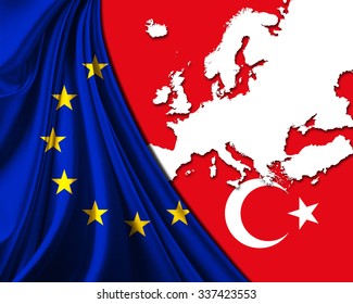 Turkey And European Union Flag With Europe Map Background