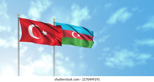 Turkey Flag With Azerbaijan Flag, 3D Rendering With A Cloudy Background