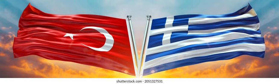 Turkey Flag And Greece Flag Waving With Texture Sky Clouds And Sunset Double Flag - 3D Illustration - 3D Render