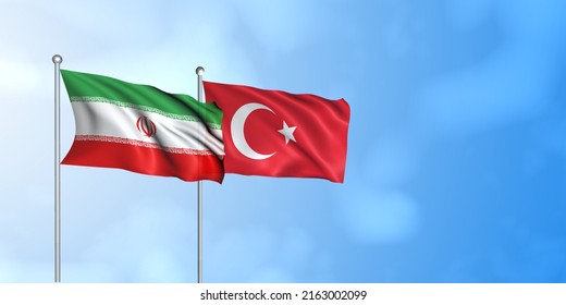 Turkey Flag With Iran Flag, 3D Rendering With Cloudy Sky