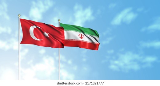 Turkey Flag With Iran Flag, 3D Rendering With A Cloudy Background