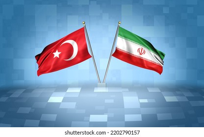 Turkey Flag With Iran Flag, 3D Rendering With A Blue And White Block's Background 