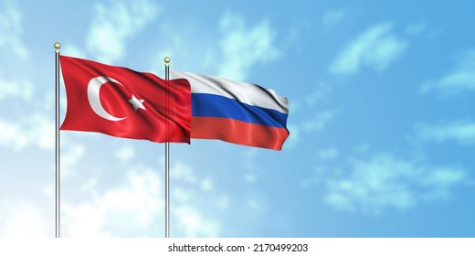 Turkey Flag With Russia Flag, 3D Rendering With A Cloudy Background