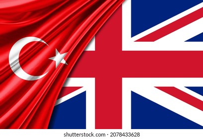 Turkey Flag Of Silk And United Kingdom Flag Isolated On Background-3D Illustration