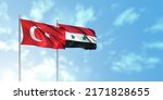 Turkey flag with Syria flag, 3D rendering with a cloudy background 
A 3D rendering of the Turkish and Syrian flags
