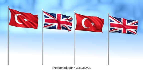 Turkey Flag With United Kingdom Flag, 3D Rendering With Cloudy Sky