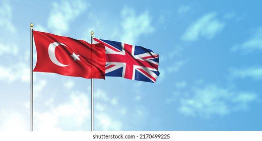 Turkey Flag With United Kingdom Flag, 3D Rendering With A Cloudy Background