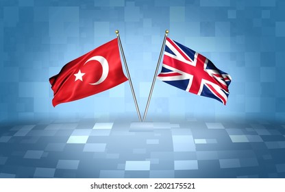 Turkey Flag With United Kingdom Flag, 3D Rendering With A Blue And White Block's Background 