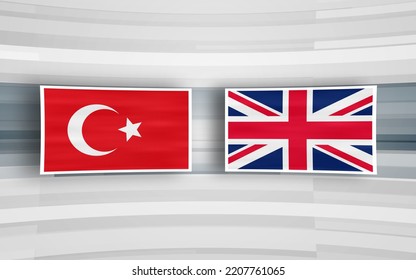 Turkey Flag With United Kingdom Flag In White Frames, Illustration With A Gray And White Background 