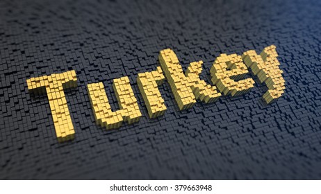 Turkey in focus. Pixelated word Turkey of the yellow square pixels on a black matrix background. 3D illustration picture
