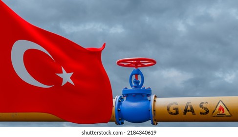 Turkey Gas, Valve On The Main Gas Pipeline Turkey, Pipeline With Flag Turkey, Pipes Of Gas From Turkey, 3D Work And 3D Image