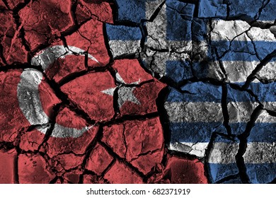 Turkey And Greece Flag On Cracked Ground . Confliction And Crisis Concept .