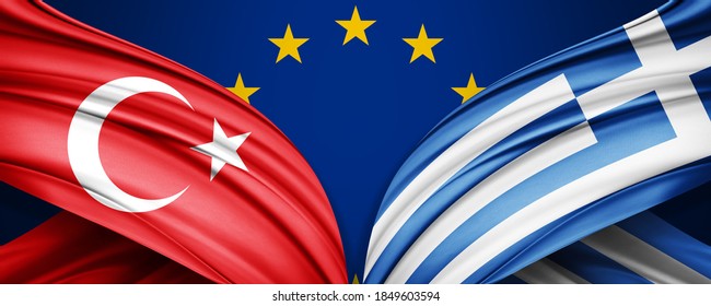 Turkey And Greece Flag Of Silk With Copyspace For Your Text Or Images And Europe Union Flag Background -3D Illustration