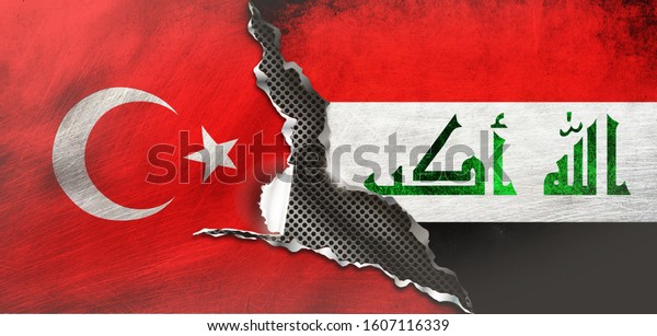 Turkey and Iraq flag,\
covering on cracked\
wall. 3d\
illustration